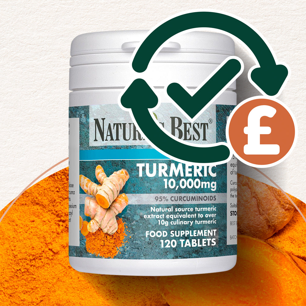 Turmeric supplement bottle with visible ingredients on a white background
