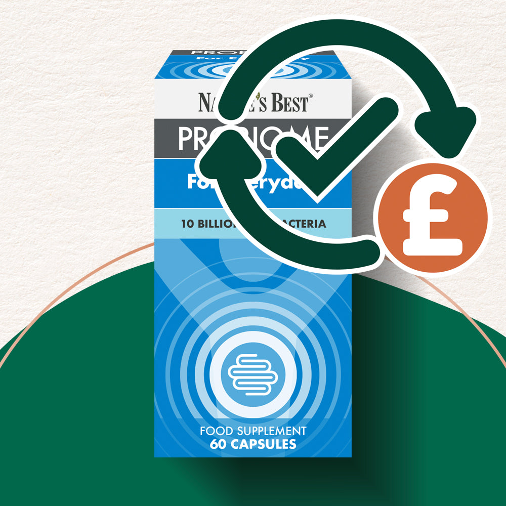 Supplement packaging with a check mark and pound sign icon on a white background