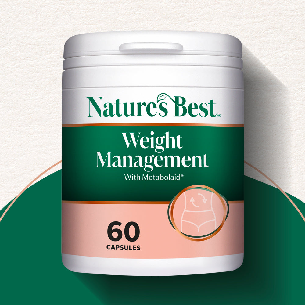 Nature's Best weight management supplement container on a green and white background