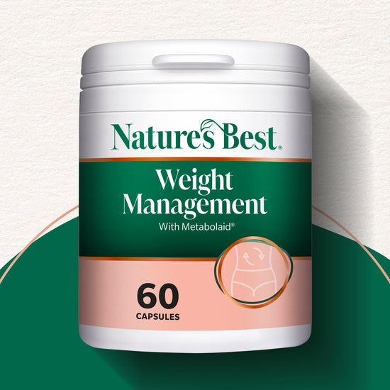Nature's Best weight management supplement container on a green and white background