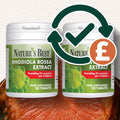 Two bottles of Nature's Best Rhodiola Rosea Extract on a wooden surface with a checkmark and pound sign icon.
