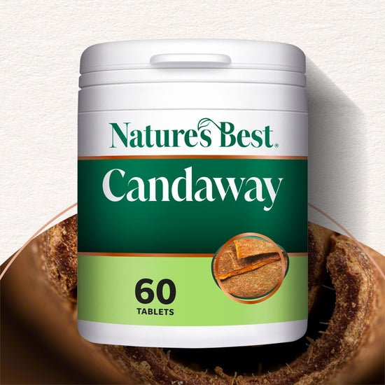 Nature's Best Candaway supplement container with candaway plant in the background