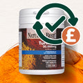Supplement container labeled 'Nature's Best Turmeric' with a checkmark and pound sign icon on an orange and white background.