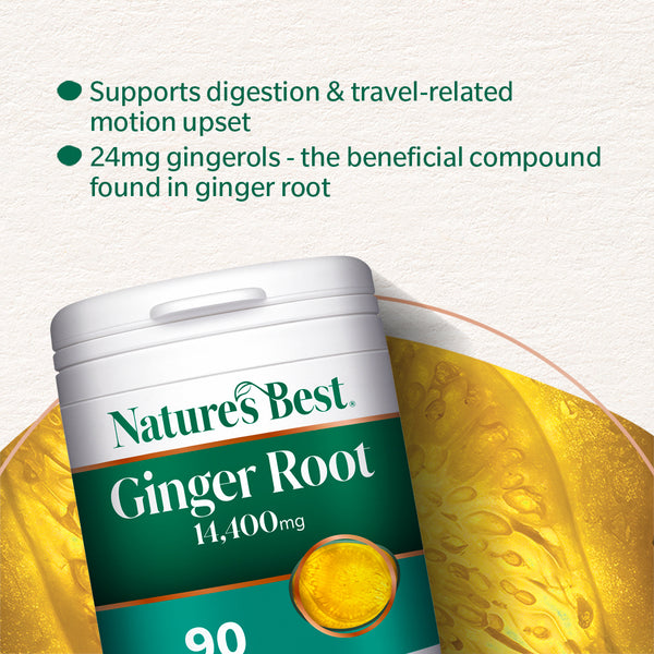 Nature's Best Ginger Root supplement container with a background of ginger tea.