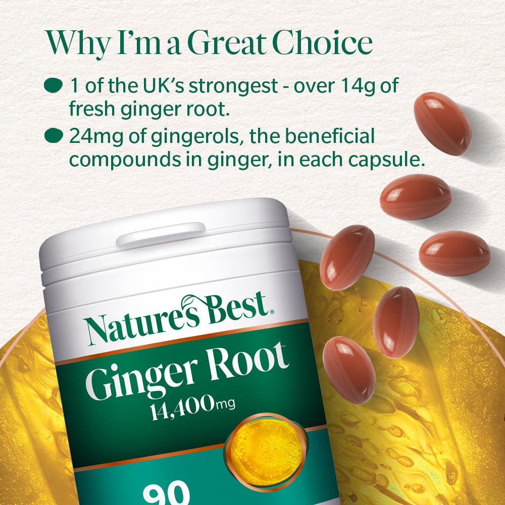 Nature's Best Ginger Root supplement container with ginger root and capsules on a white background