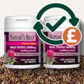 Two containers of Nature's Best Milk Thistle supplement with a checkmark and pound sign icon on a textured background.