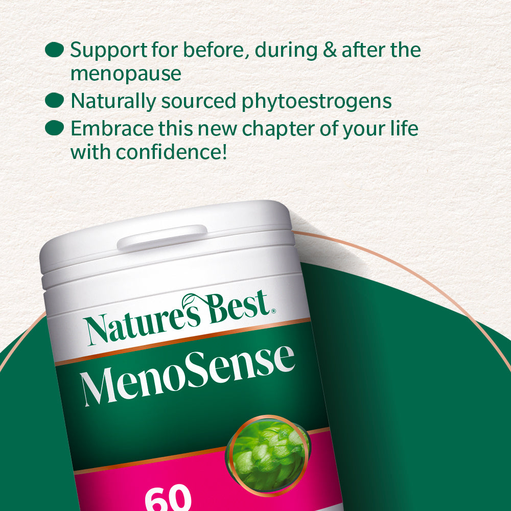 Nature's Best MenoSense supplement container with promotional text on a green background