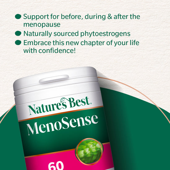Nature's Best MenoSense supplement container with promotional text on a green background