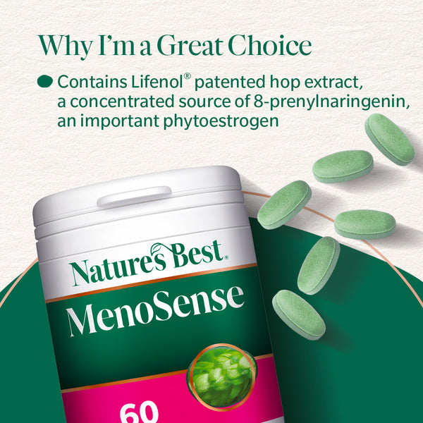 Nature's Best MenoSense supplement container with green tablets on a light background