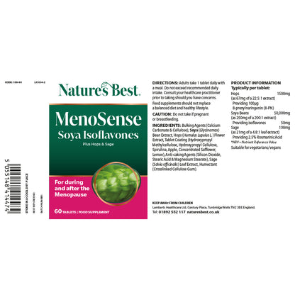 Nature's Best MenoSense Soya Isoflavones supplement packaging label on a white background