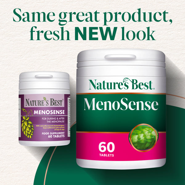 Nature's Best MenoSense supplement containers with text 'Same great product, fresh NEW look'.