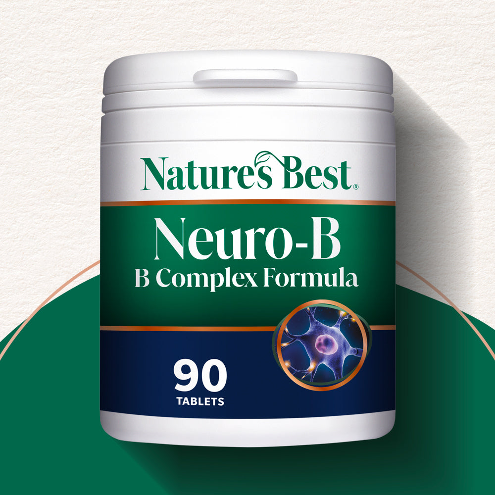A pot of Nature's Best Neuro B Complex dietary supplement, featuring a green label, placed on a green background.