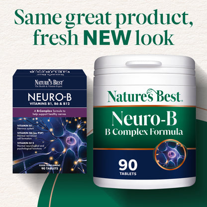 Nature's Best Neuro-B complete vitamin supplement pot with a green label and white cap, set against a natural background
