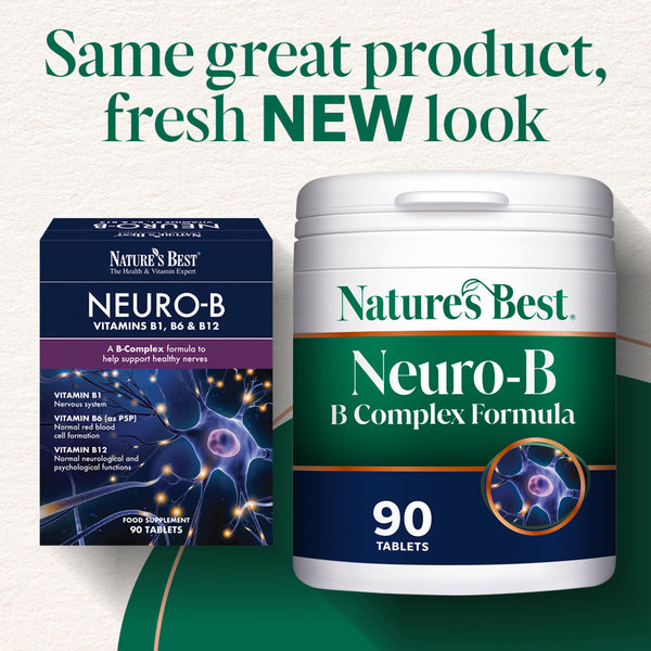 Nature's Best Neuro-B complete vitamin supplement pot with a green label and white cap, set against a natural background