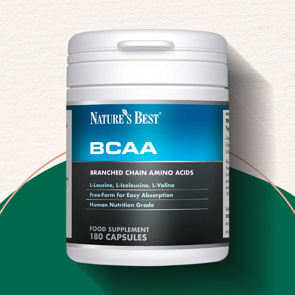 Nature's Best BCAA supplement container on a white and green background