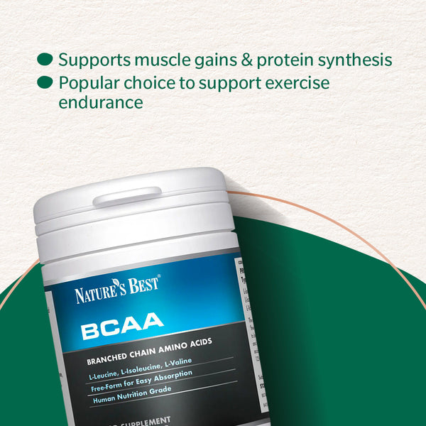 Nature's Best BCAA supplement container with text about muscle gains and protein synthesis on a green and white background