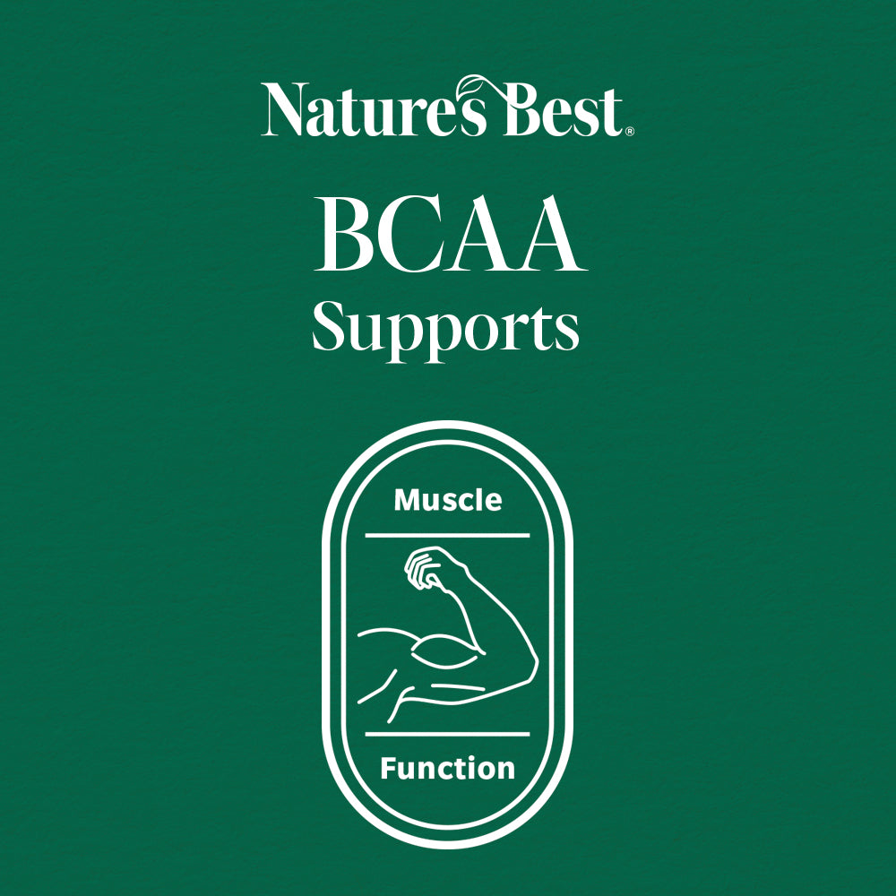 Natures Best BCAA Supports label on a green background with a flexed arm muscle illustration.