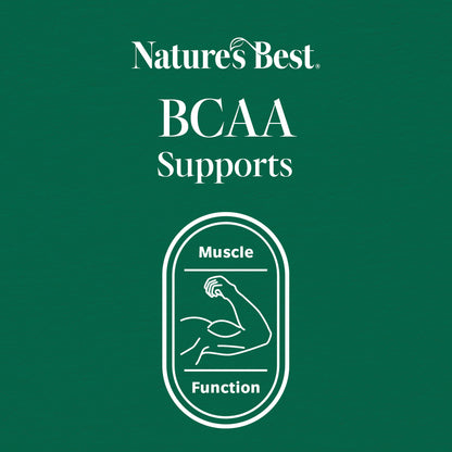 Natures Best BCAA Supports label on a green background with a flexed arm muscle illustration.