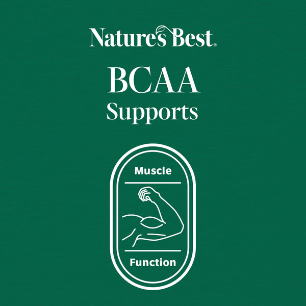 Natures Best BCAA Supports label on a green background with a flexed arm muscle illustration.