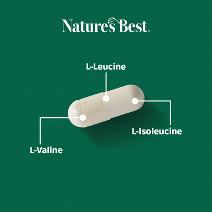 Capsule labeled with 'L-Leucine', 'L-Isoleucine', and 'L-Valine' on a green background with 'Nature's Best' branding.
