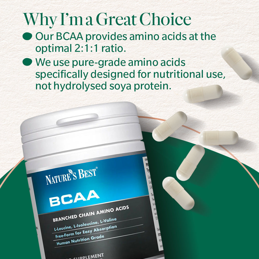 Nature's Best BCAA supplement with text highlighting benefits on a white and green background