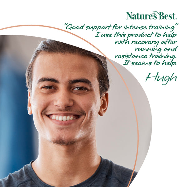 Man smiling with text about Natures Best product on a white background