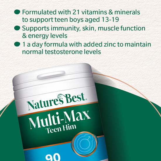 Nature's Best Multi-Max Teen Him supplement container with product details on a white background