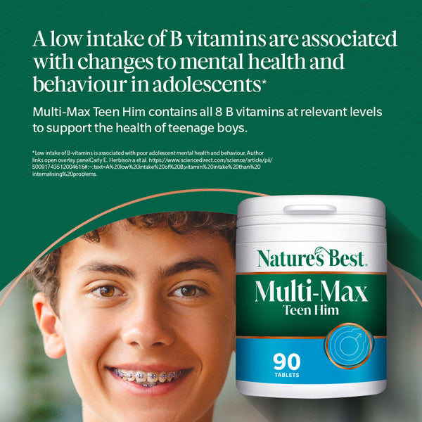 Advertisement for Nature's Best Multi-Max Teen Him vitamins with a young boy's face and product packaging.