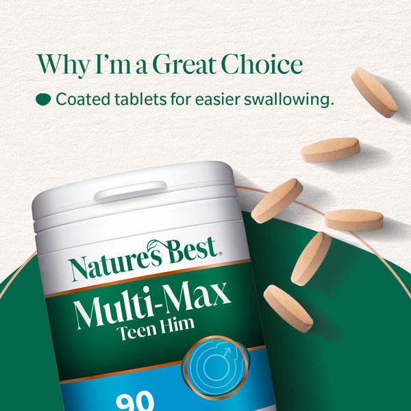 Nature's Best Multi-Max Teen Him supplement container with tablets on a white background
