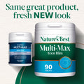 Two containers of Nature's Best Multi-Max Teen Him supplement on a green and white background with text.