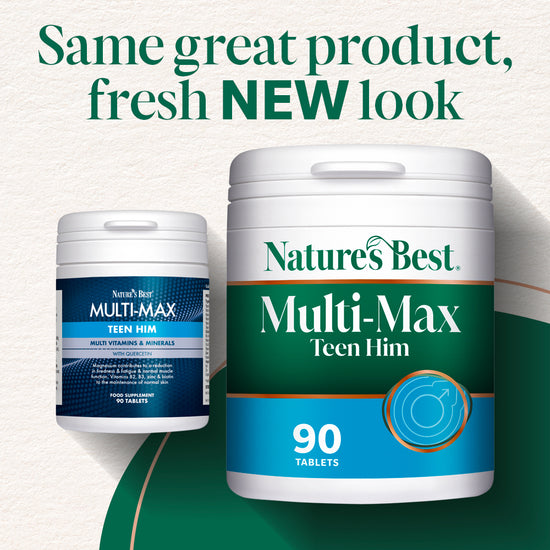 Two containers of Nature's Best Multi-Max Teen Him supplement on a green and white background with text.