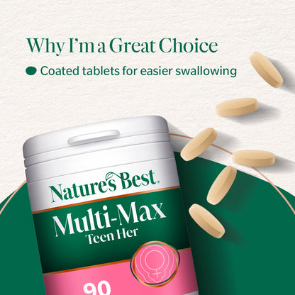 Nature's Best Multi-Max Teen Her supplement container with tablets on a light green background
