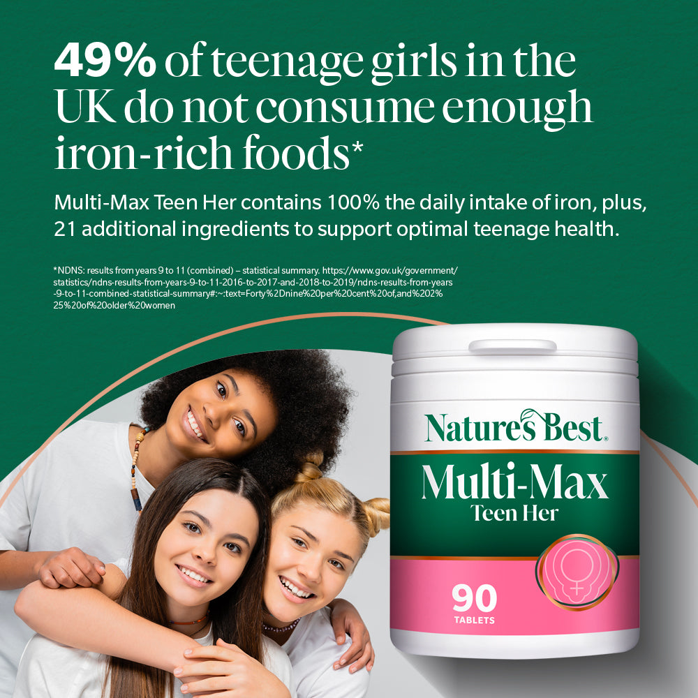 Advertisement for Nature's Best Multi-Max Teen Her supplement with three smiling girls and product packaging.