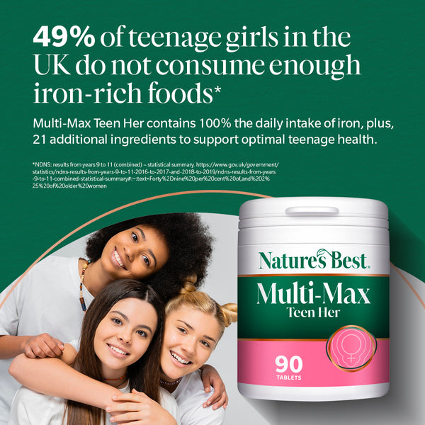 Advertisement for Nature's Best Multi-Max Teen Her supplement with three smiling girls and product packaging.