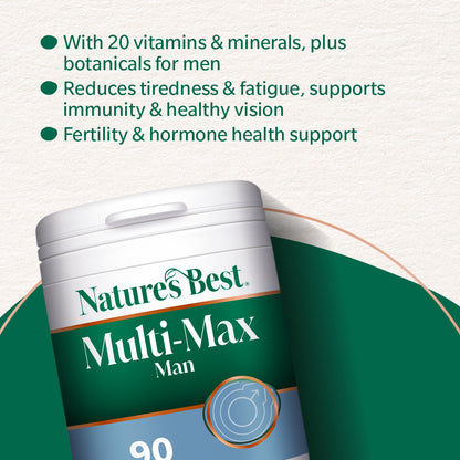 Nature's Best Multi-Max Man supplement container with text about its benefits on a green and white background