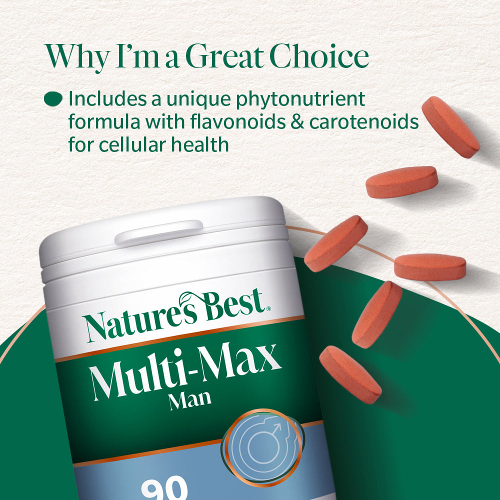 Nature's Best Multi-Max Man supplement container with multivitamin tablets on a light green background