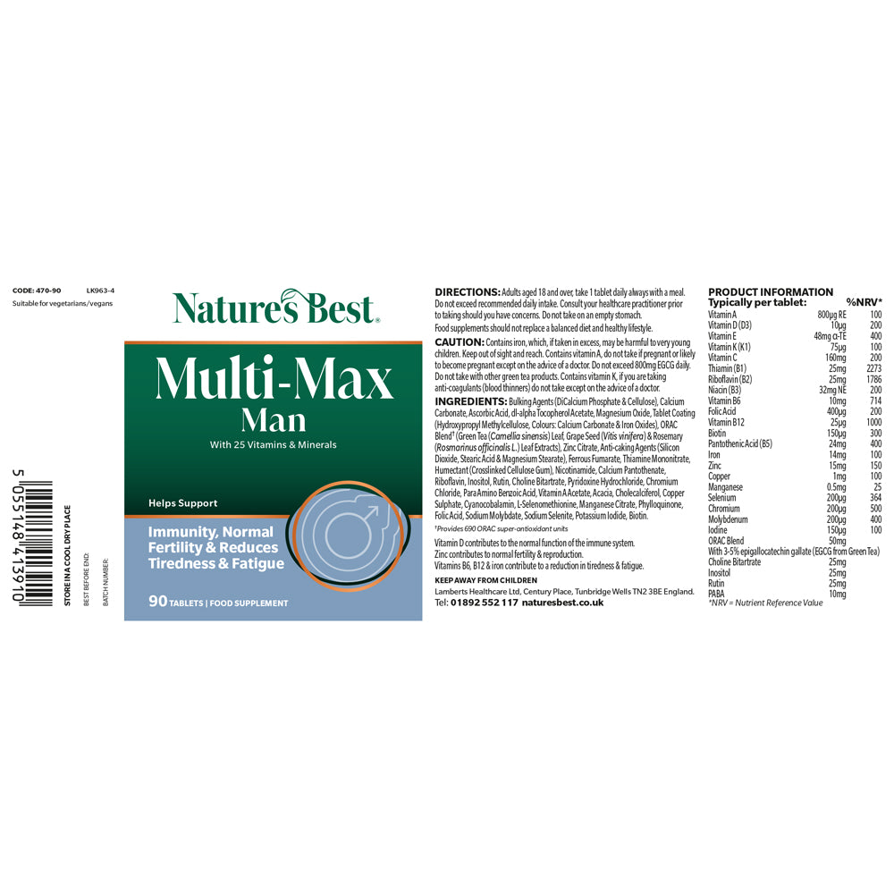 Nature's Best Multi-Max Man supplement label on a white background