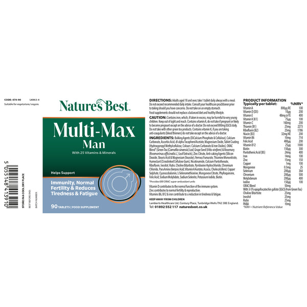 Nature's Best Multi-Max Man supplement label on a white background