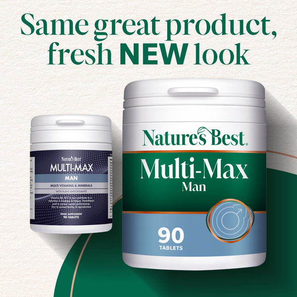 Nature's Best Multi-Max Man supplement containers with text 'Same great product, fresh NEW look'.