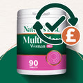 Multivitamin supplement container with branding and product details on a green and white background