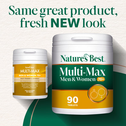 Nature's Best Multi-Max Men & Women 70+ supplement containers with text 'Same great product, fresh NEW look'.