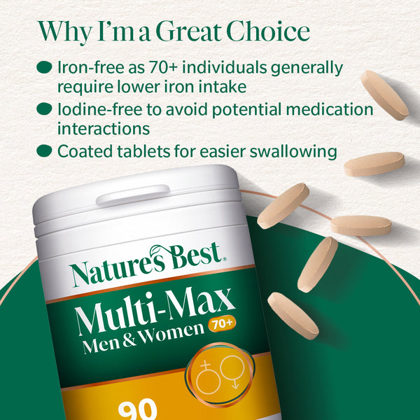 Nature's Best Multi-Max supplement container with pills on a light background