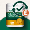 Multivitamin supplement container with branding and product details on a white background