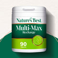 Nature's Best Multi-Max Recharge supplement container on a green and white background