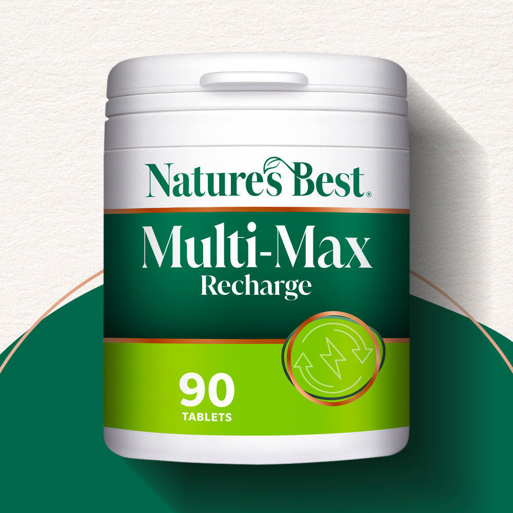 Nature's Best Multi-Max Recharge supplement container on a green and white background