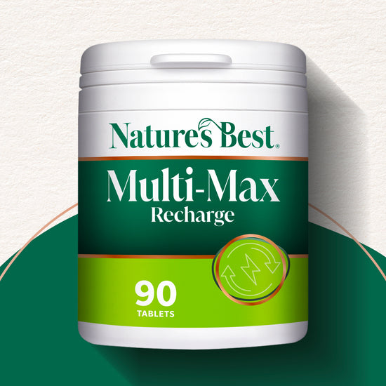 Nature's Best Multi-Max Recharge supplement container on a green and white background