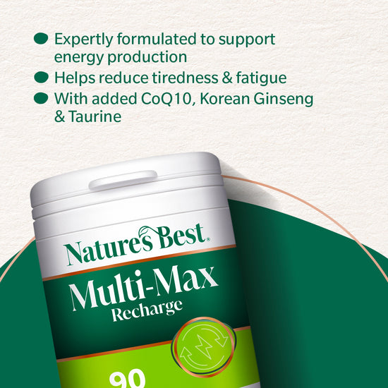 Nature's Best Multi-Max Recharge supplement container with text on a green and white background