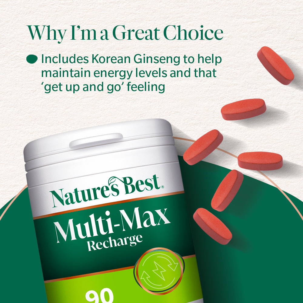 Nature's Best Multi-Max Recharge supplement container with red capsules on a light green background