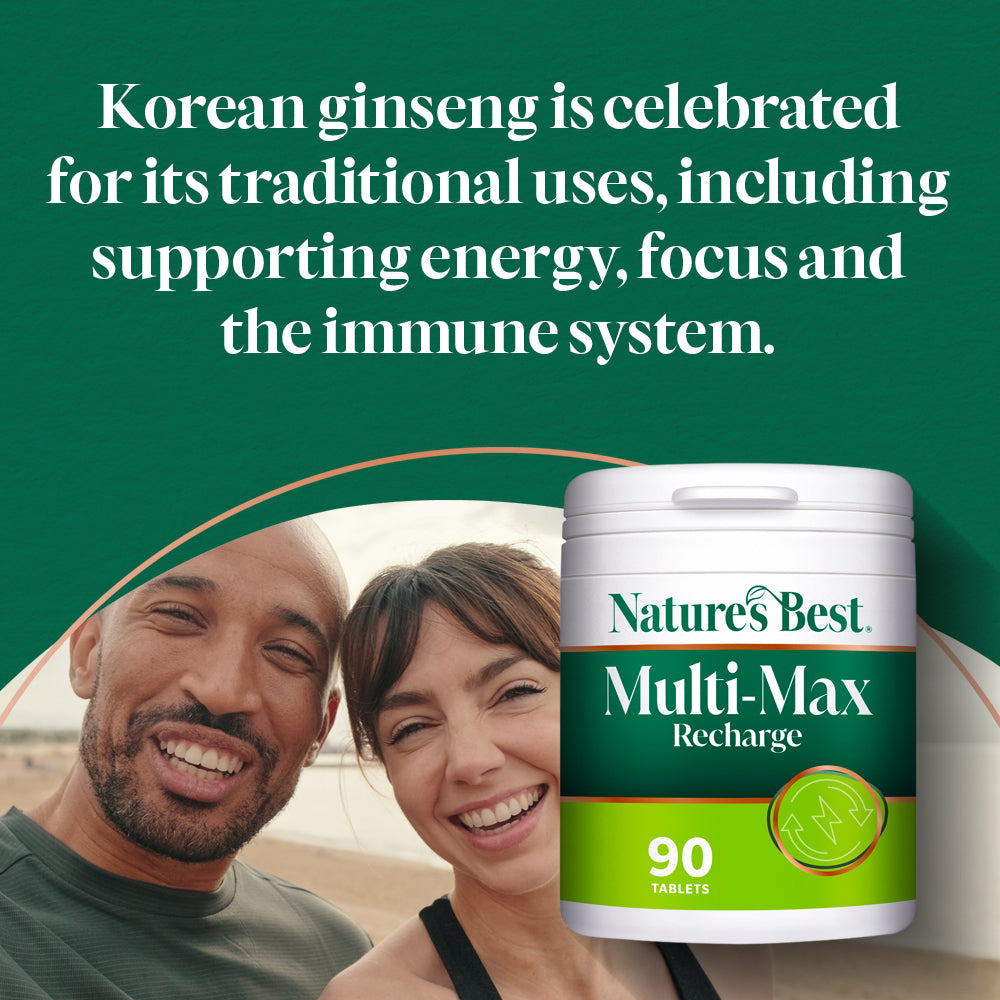 Nature's Best Multi-Max Recharge supplement bottle with a couple in the background on a green background