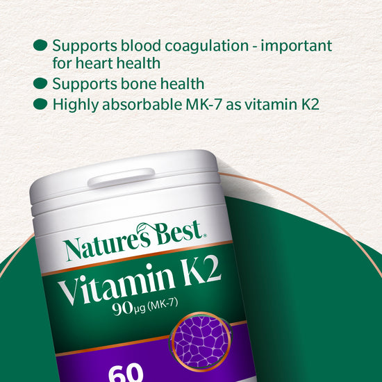 Nature's Best Vitamin K2 supplement container with text about its benefits on a white background.